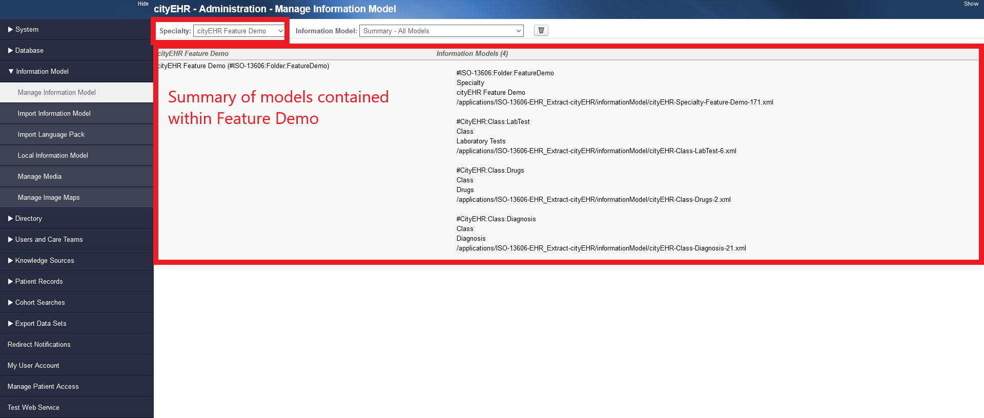 Selecting cityEHR Feature Demo information model 