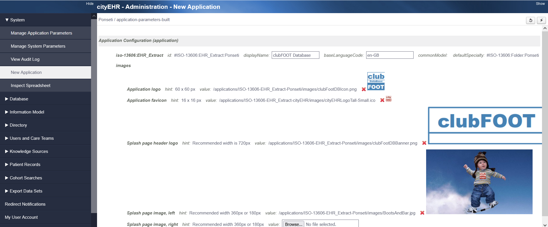 Shipped application, Ponseti configuration page