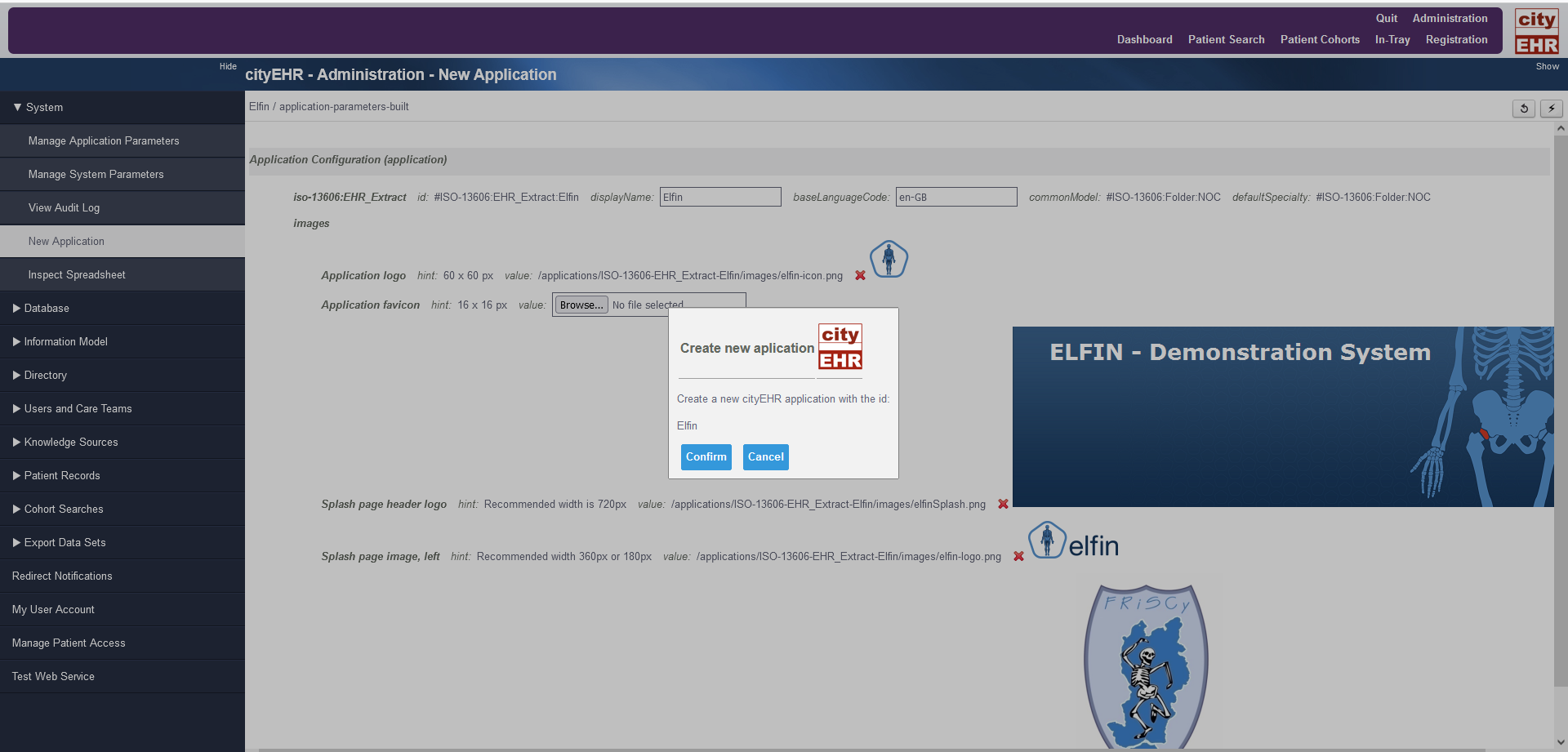 Configuration page and dialogue box for Elfin