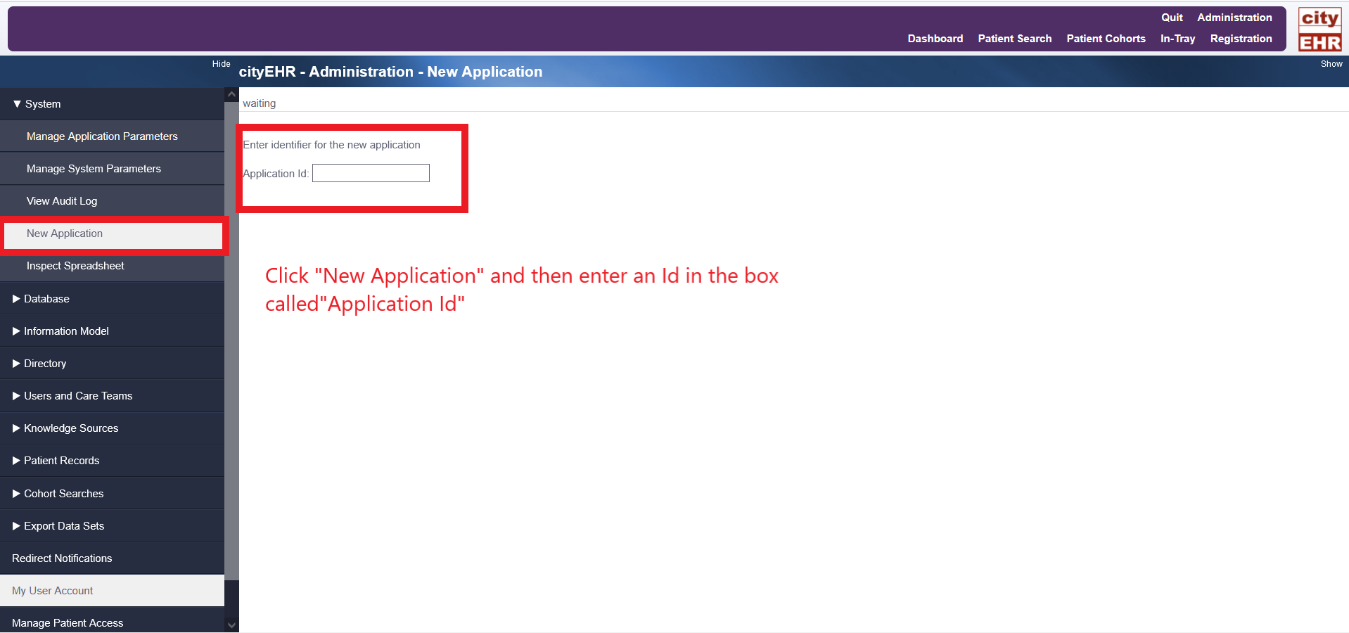 New Application page within Administration