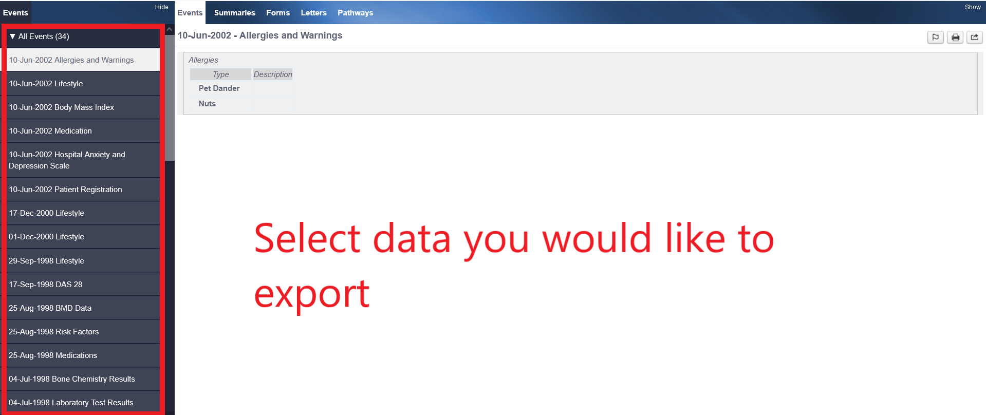 Selecting Patient Event to Export