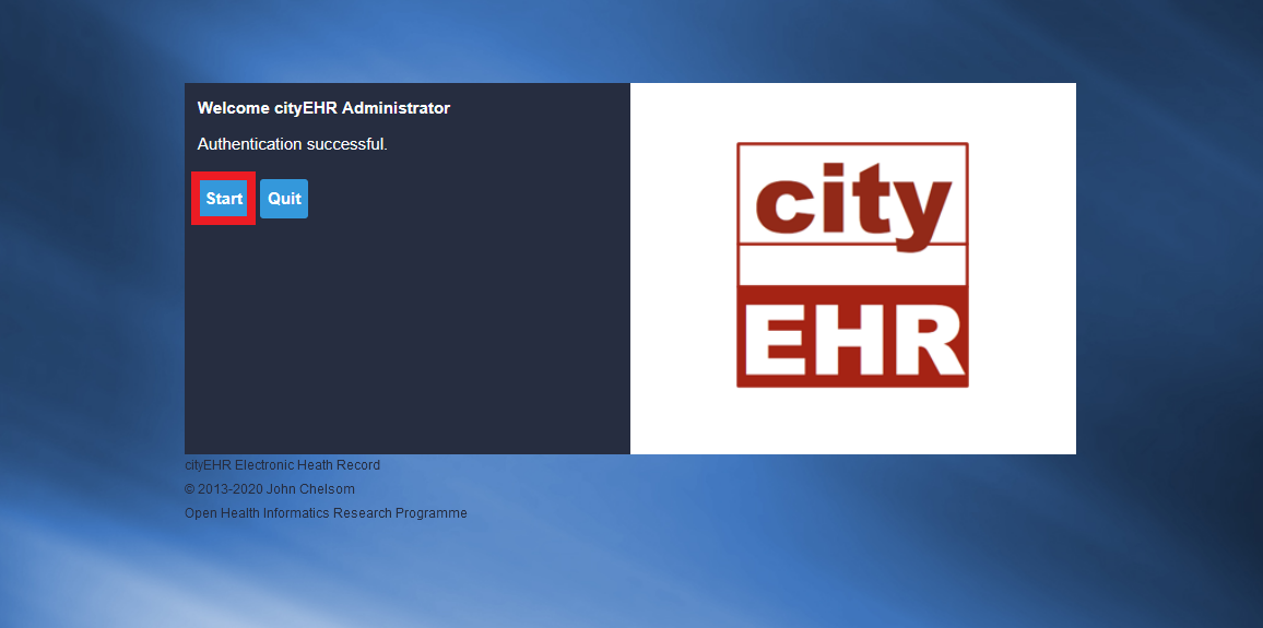 cityEHR log on page start up button