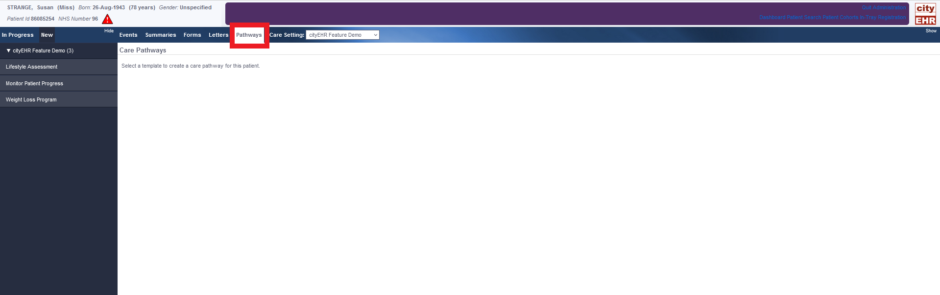 patient pathways page in cityEHR