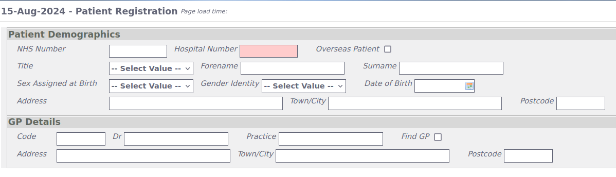 Empty patient registration form 