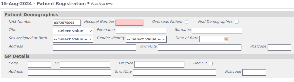 NHS number filled in patient registration form