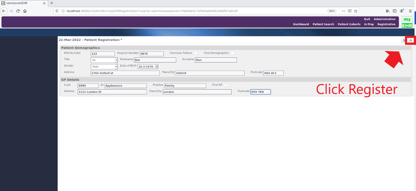 populated patient registration page on your application