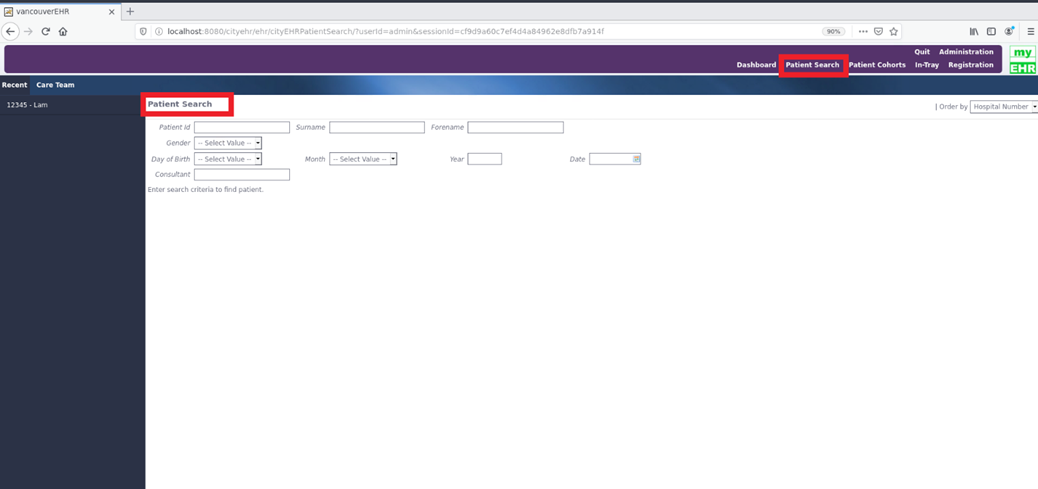 Populated patient search page on your application