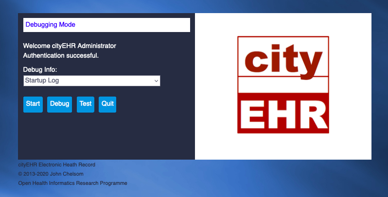 cityEHR start-up in Debugging mode